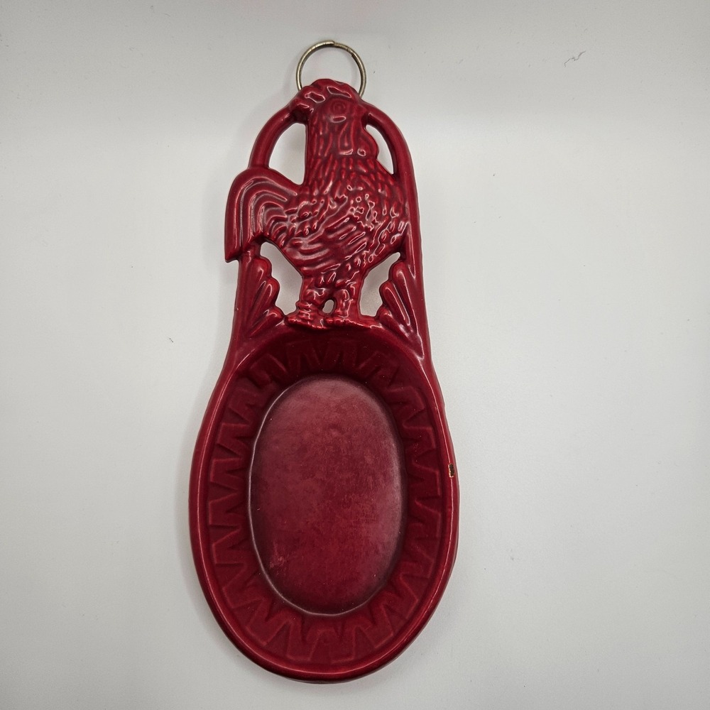 Vintage Red Enameled Cast Iron Rooster Chicken Spoon Rest Wall‎ Hanger